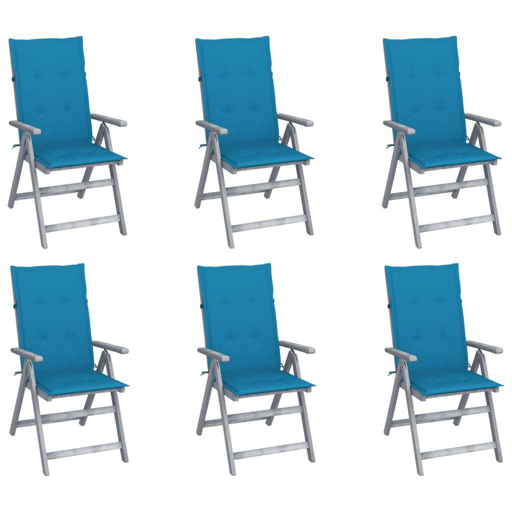 Garden Chair Set of 6 Grey, Blue Solid Acacia wood, 100% polyester
