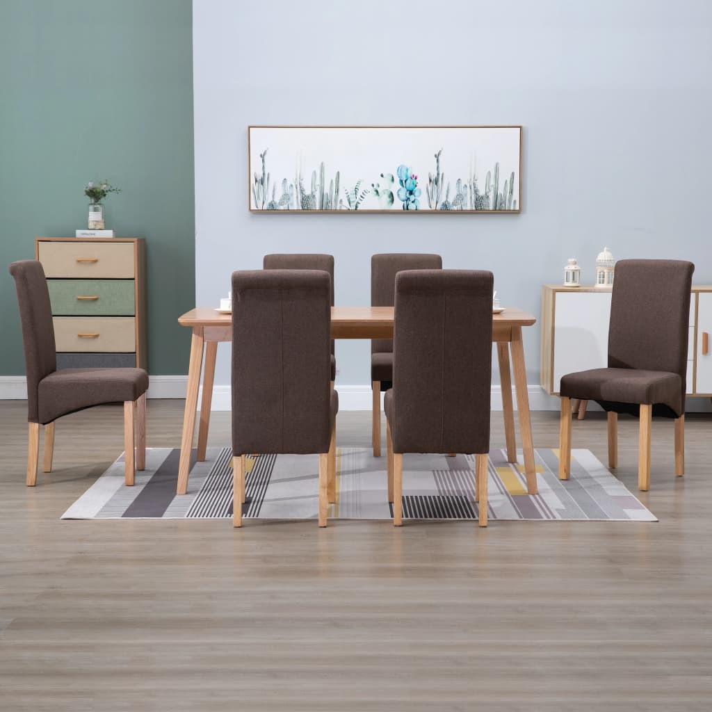 Dining Chair Set of 6 Brown Fabric, Wood Ergonomic Dining Chair