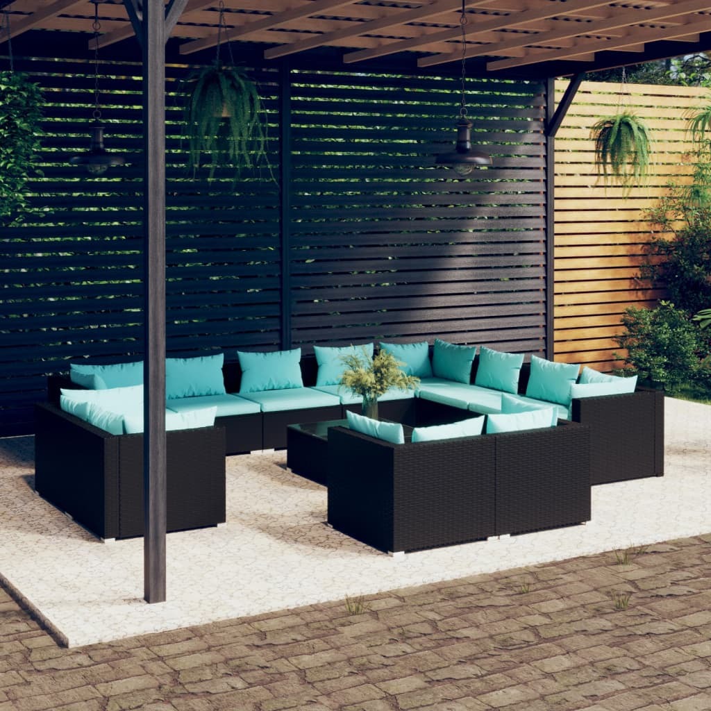 Garden Lounge Set Black with water blue cushions