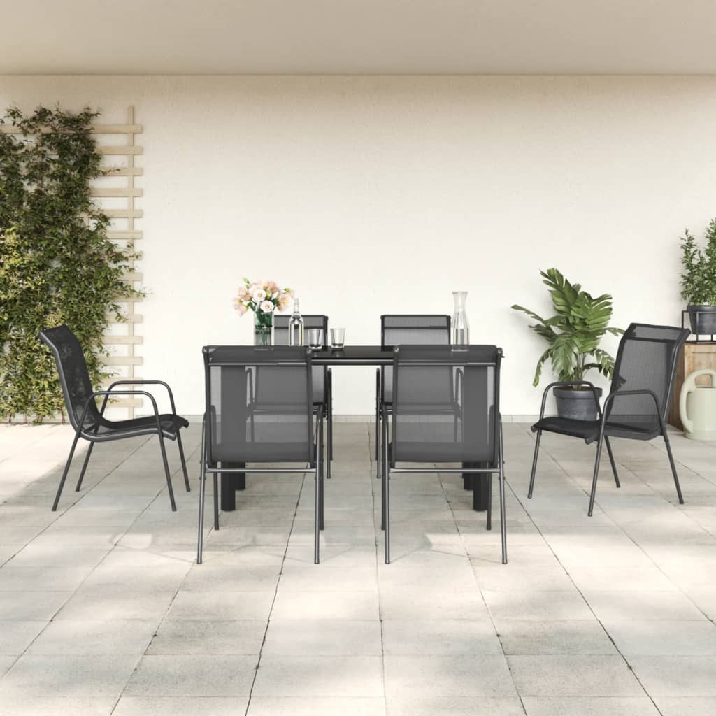 Garden Dining Set Black, Anthracite Steel, Textilene, Tempered Glass