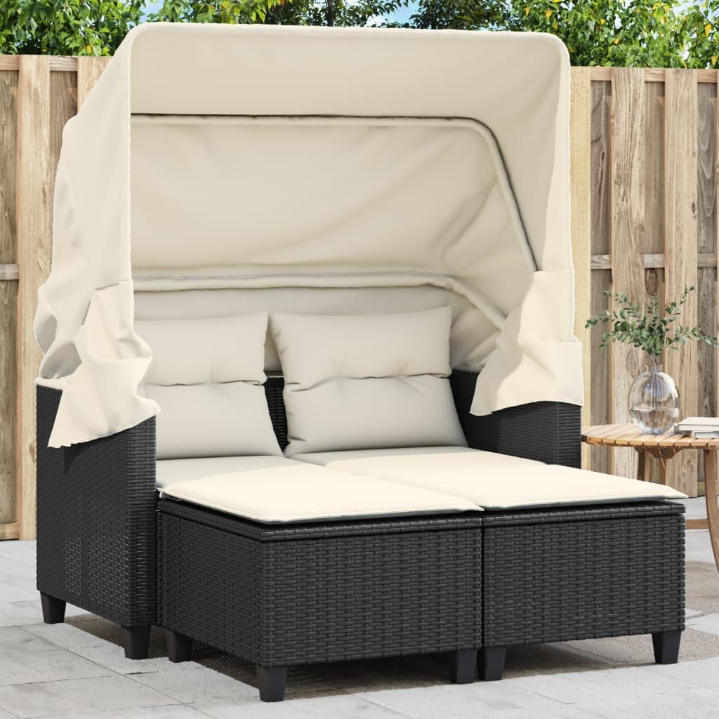 Garden Sofa Black PE Rattan 2-Seater Adjustable Armrests