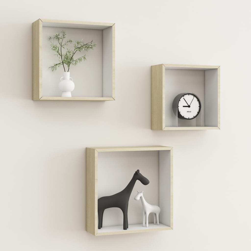 Wall Cube Shelf Set of 3 White and Sonoma Oak MDF Small to Medium