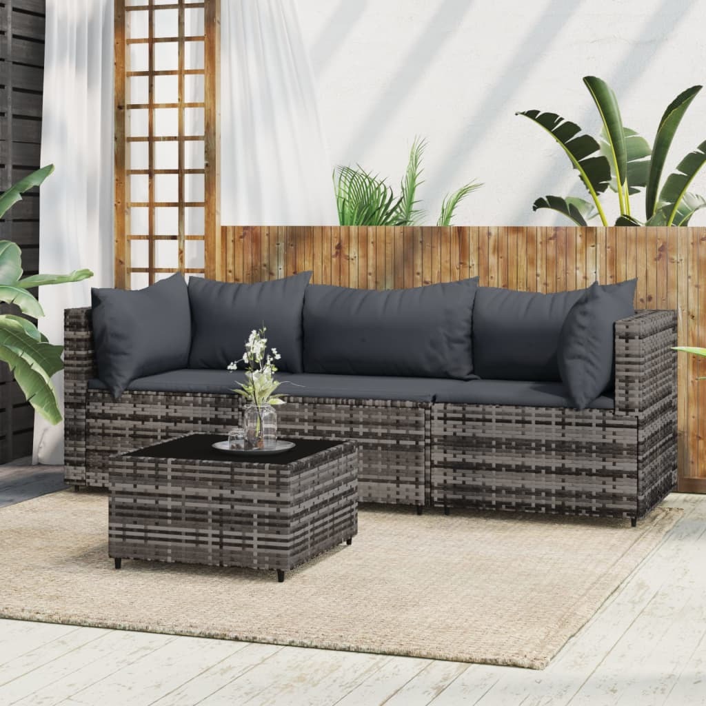 Patio Lounge Set Gray PE rattan, powder-coated steel, tempered glass