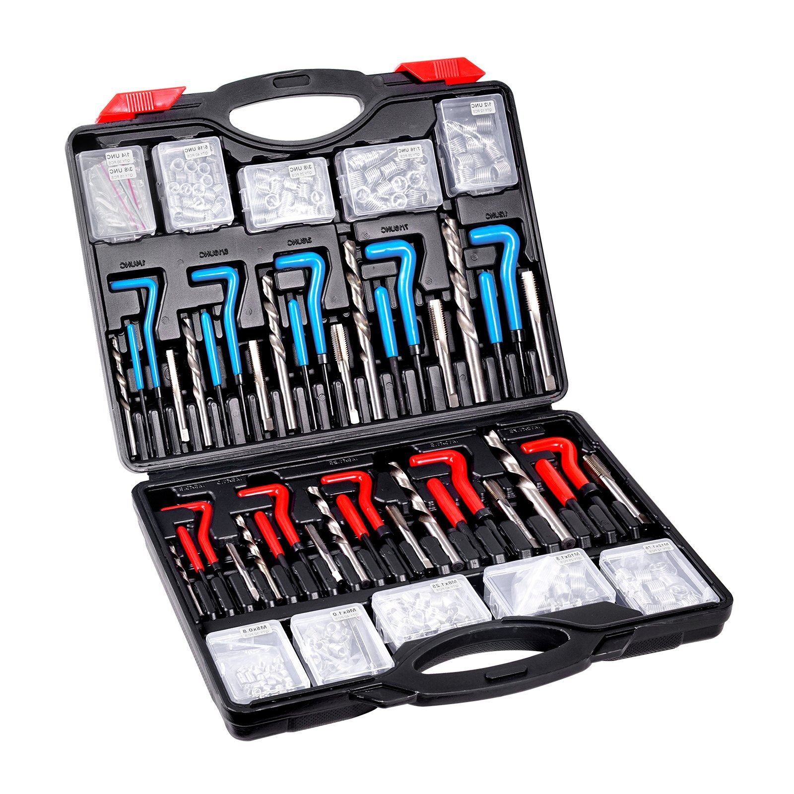 Helicoil Thread Repair Kit, 338-Piece SAE and Metric Rethreading Tool Kit, M5, M6, M8, M10, M12, 1/4", 5/16", 3/8", 7/16", 1/2", HSS Drill Bits Thread Inserts Taps Breakoff Installation Tools