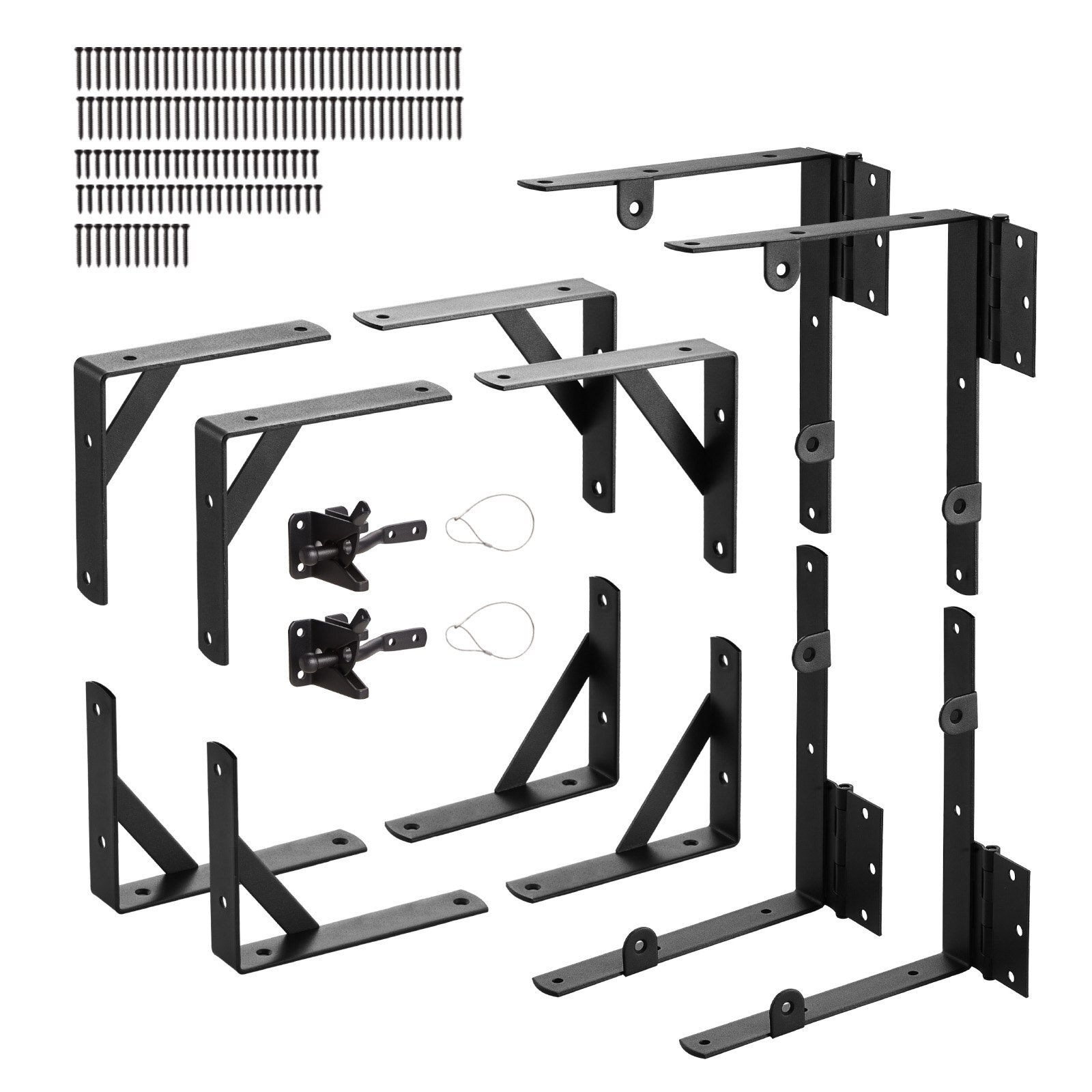 Gate Corner Brace Bracket, 2 Sets, Anti Sag Gate Frame Hardware Kit, Gate Frame Brace Bracket with Latch Lock, Screws, for Shed Doors, Corral Gates, Driveway Gates, Wood Windows, Iron, Black