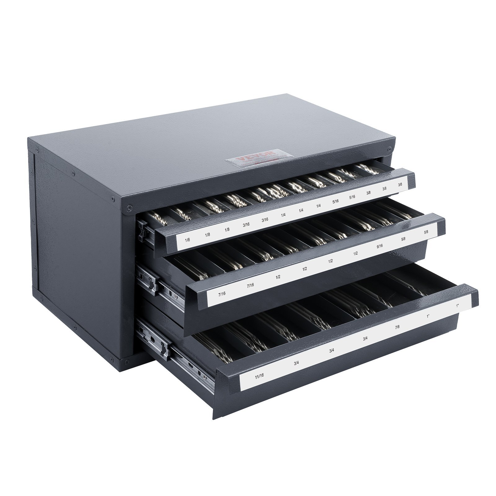 Three-Drawer Steel Cabinet for End Mill Organization, Accommodates 1/8" to 1", Features 29 Compartments with Labels, Stackable Design for Efficient Storage