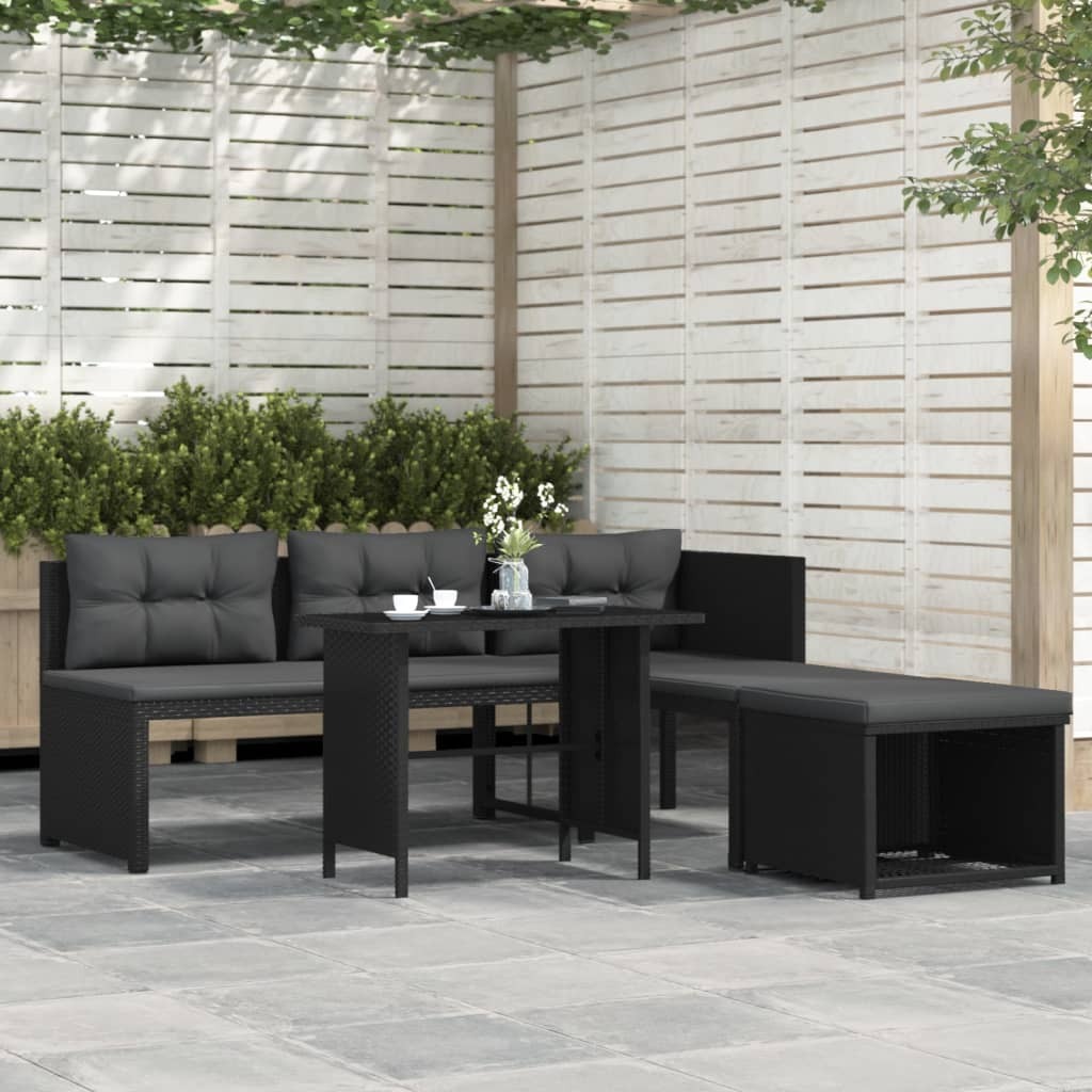 Sofa Set Black PE Rattan, Glass, Powder-Coated Steel, Polyester