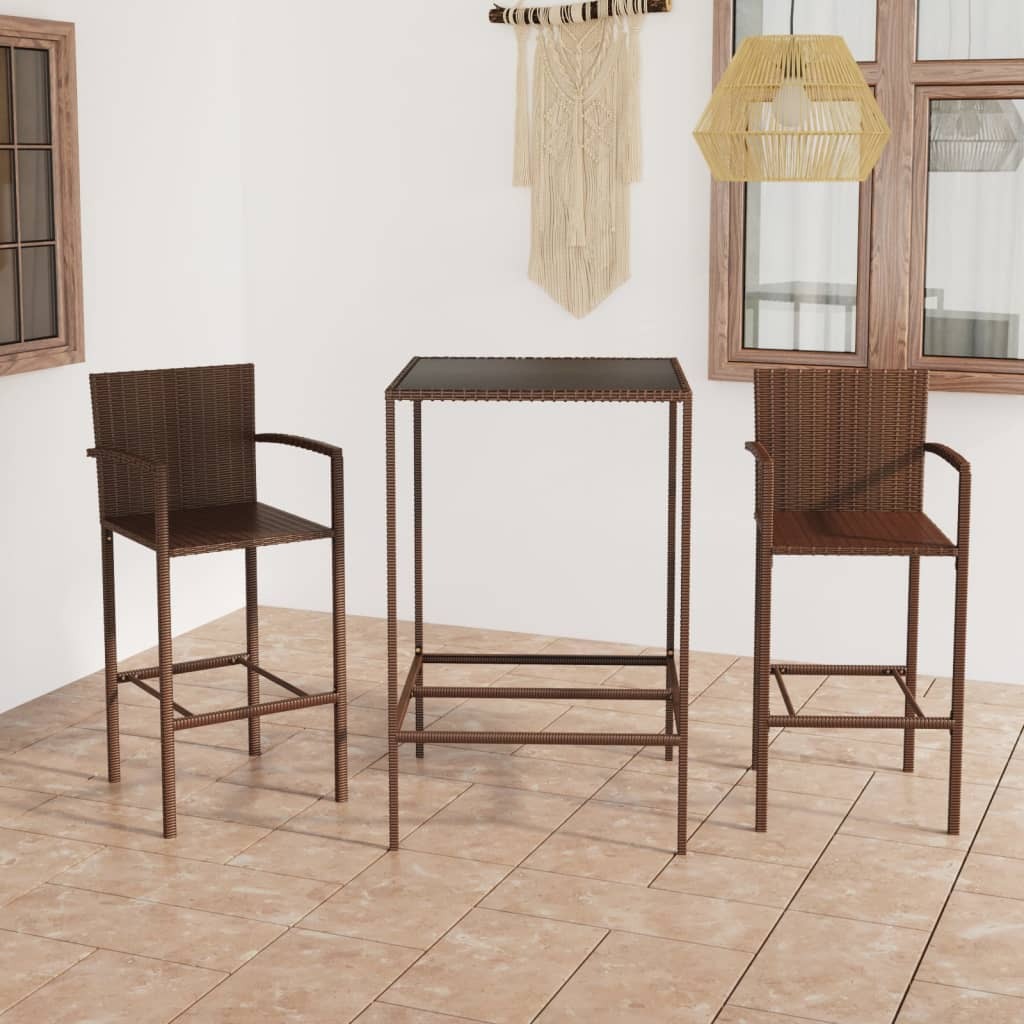 Garden Bar Set Brown PE Rattan, Powder-Coated Steel, Tempered Glass