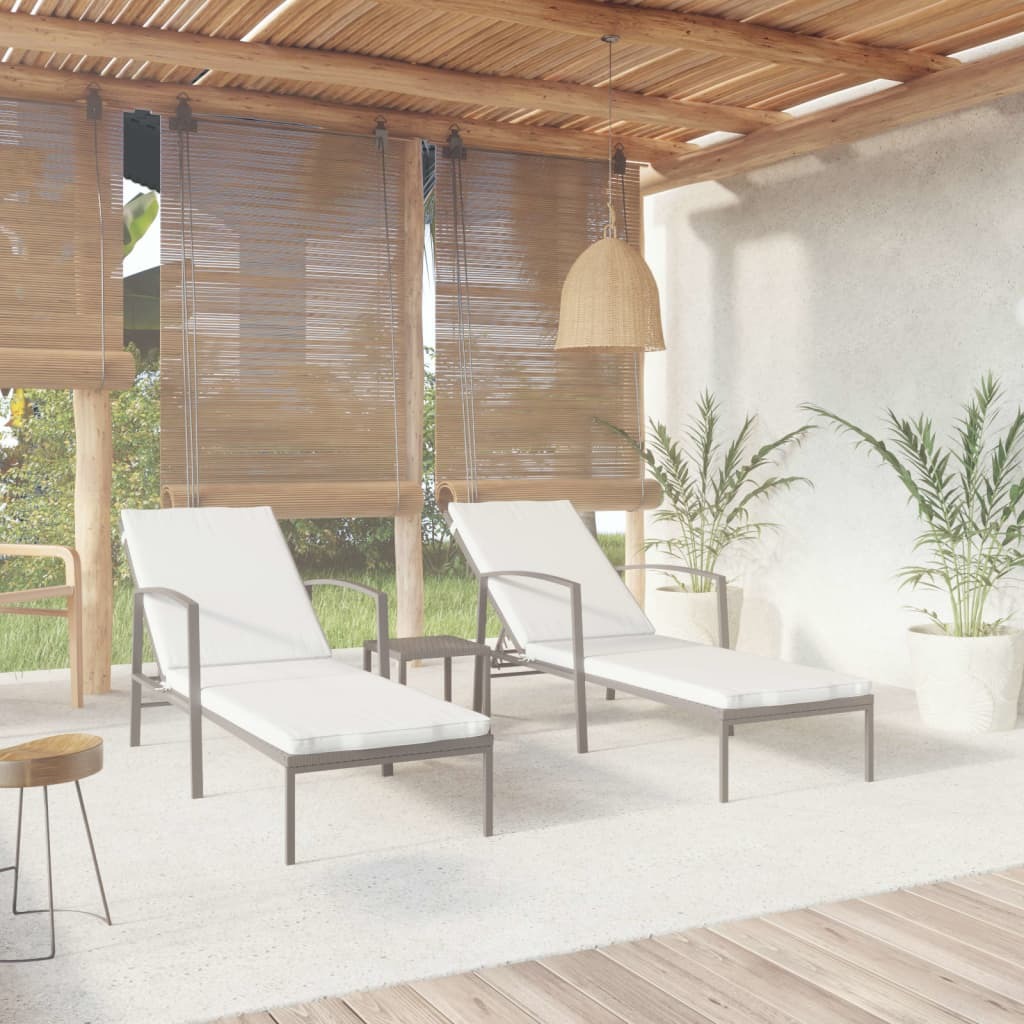 Sun Lounger With Table Set of 3 Black loungers, Cream white cushions