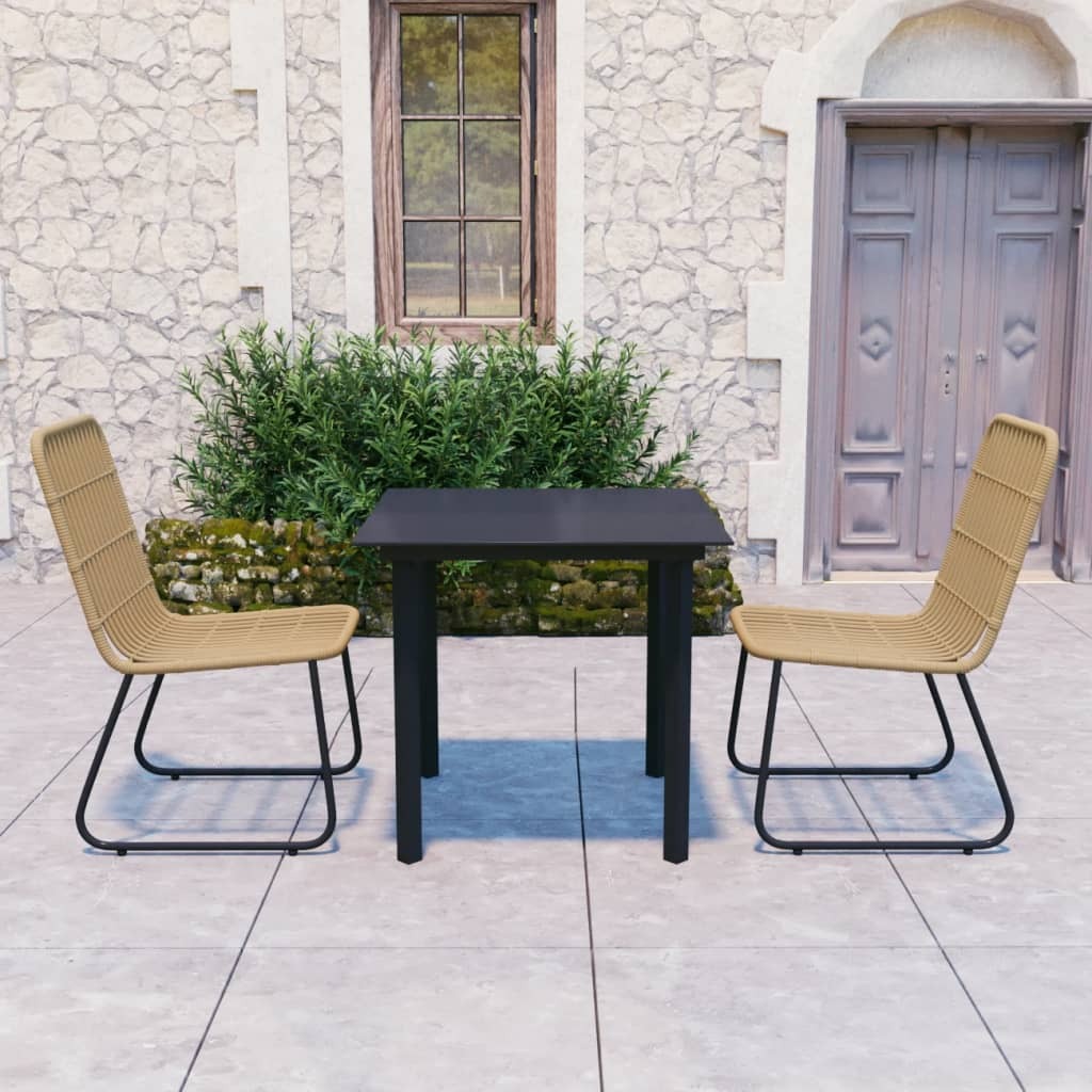 Dining Set Oak and black Poly rattan, powder-coated steel, glass