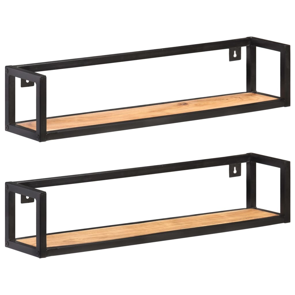 Wall Shelf Set of 2 Black and Natural Wood Solid Acacia wood