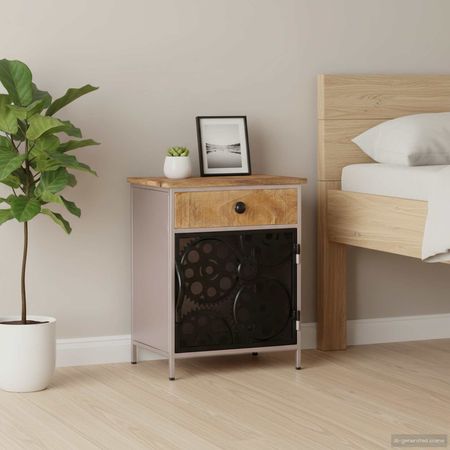 Bedside Cabinet Rough mango wood with natural finish, silver iron