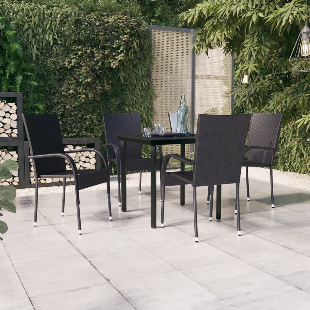 Garden Dining Set Black PE rattan, powder-coated steel, glass