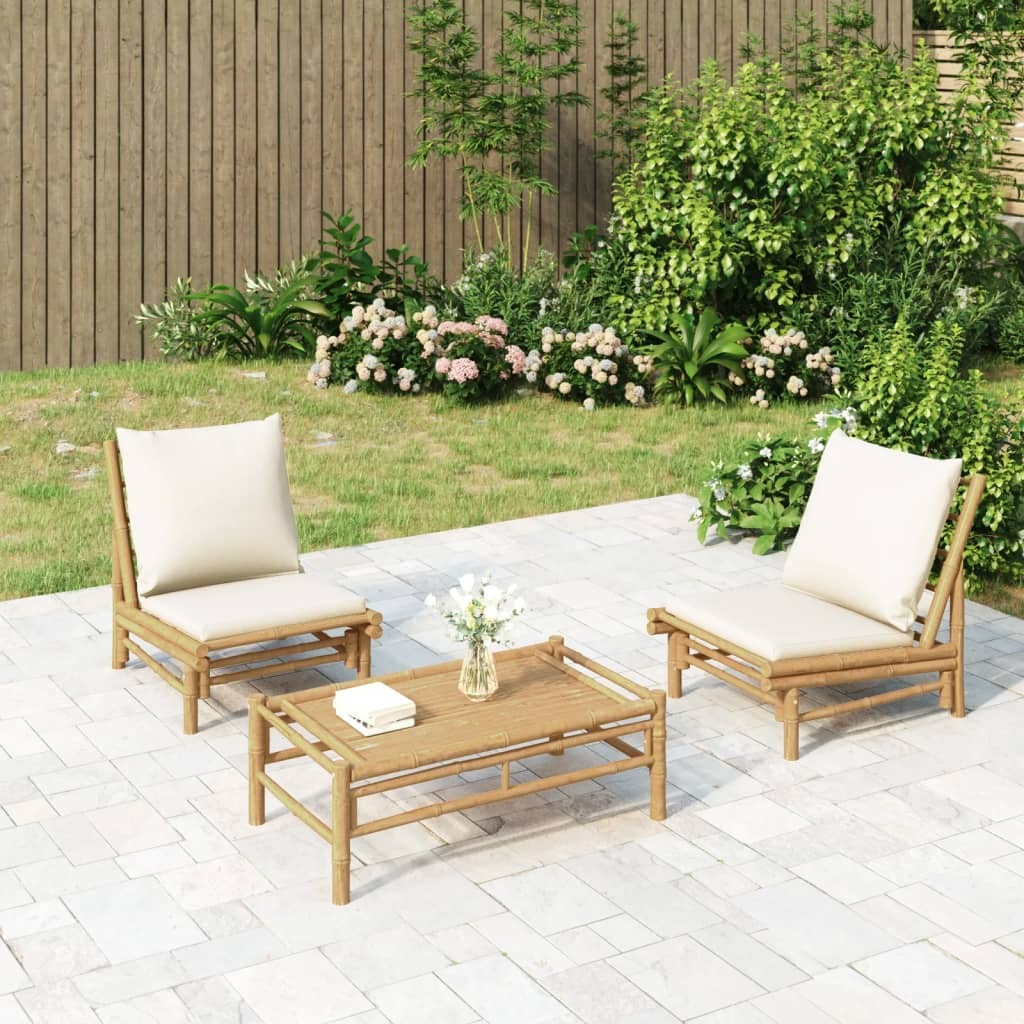 Garden Chair Bamboo with cream white cushions 23.6 x 33.9 x 28.9 in