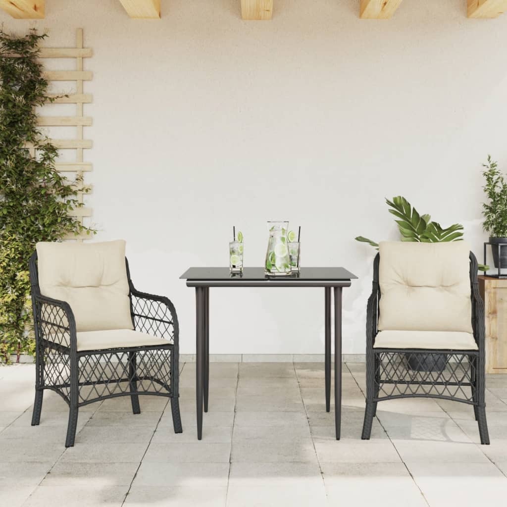 Bistro Set Black PE rattan, tempered glass, powder-coated steel