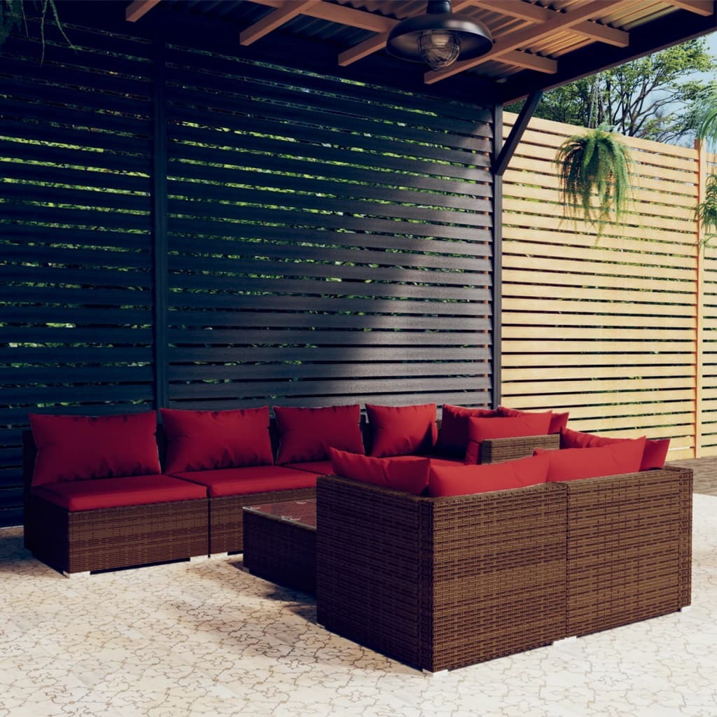Garden Lounge Set Brown with Cinnamon Red Cushions