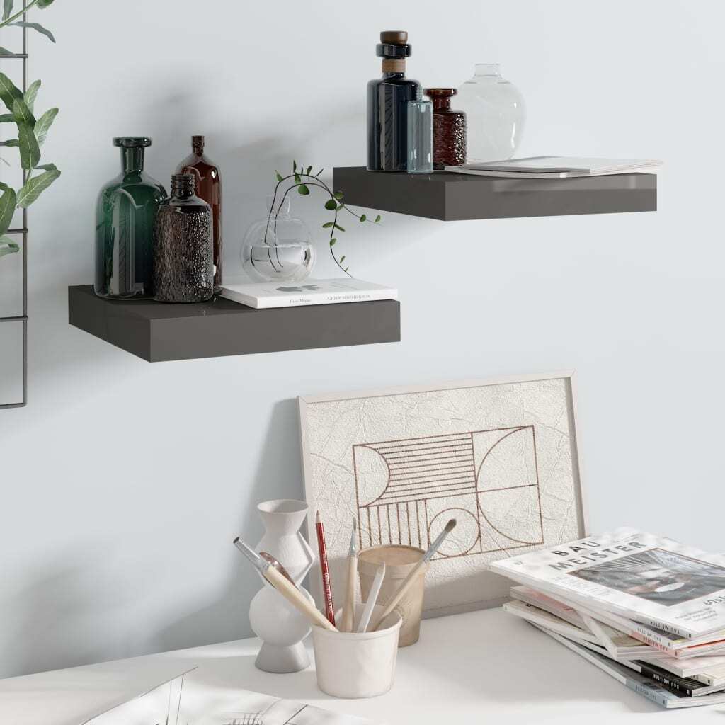 Wall Shelf Set of 2 High gloss gray Honeycomb MDF, Metal