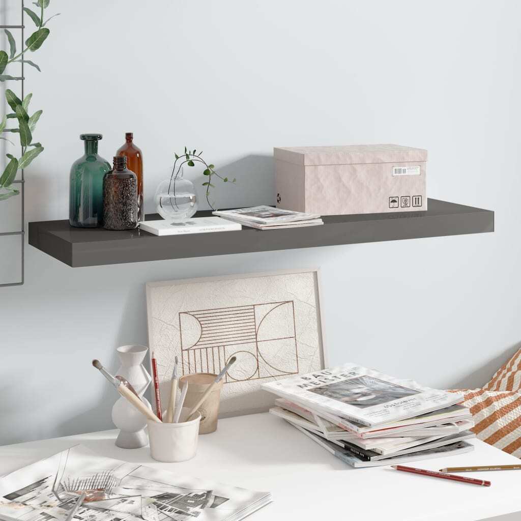 Wall Shelf High gloss grey MDF, metal 31.5 in long Wall Shelf