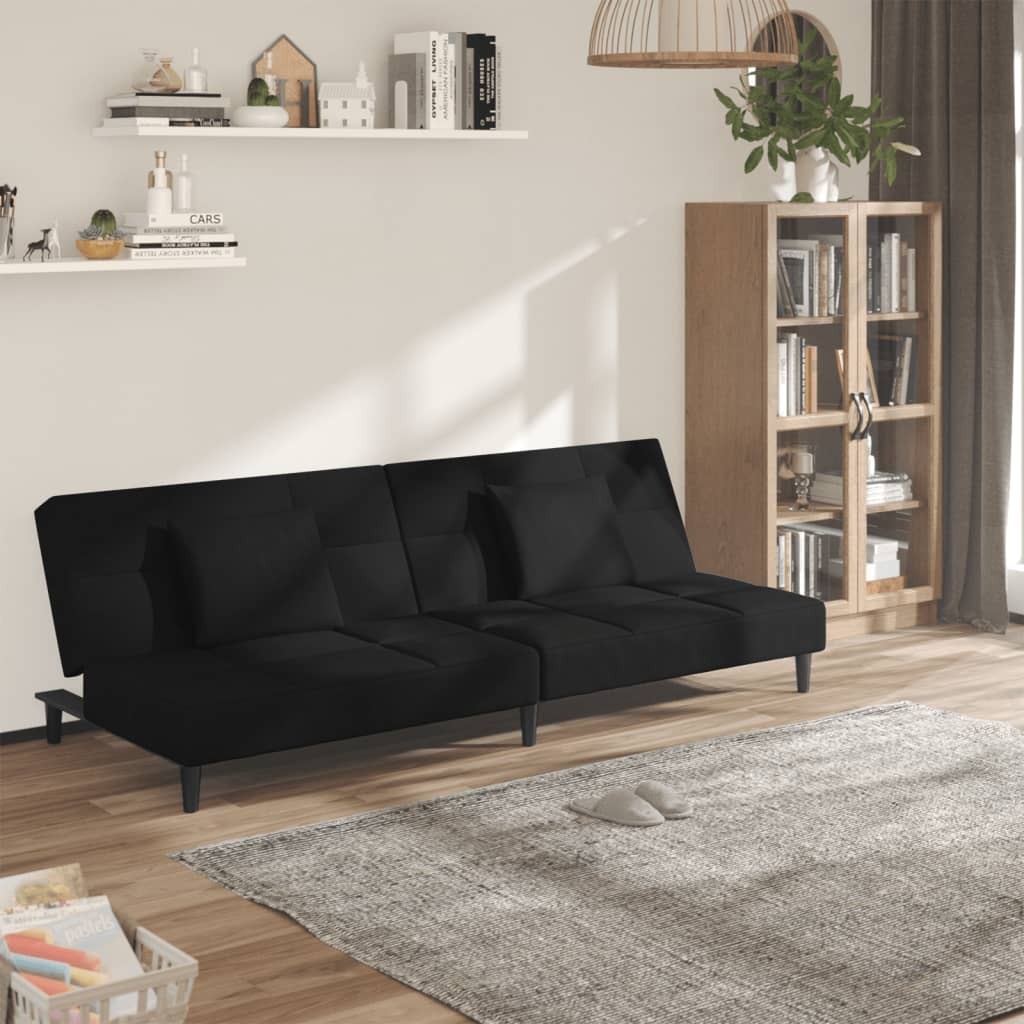 Sofa Bed Black Velvet (100% polyester), wood, plastic 2-seater