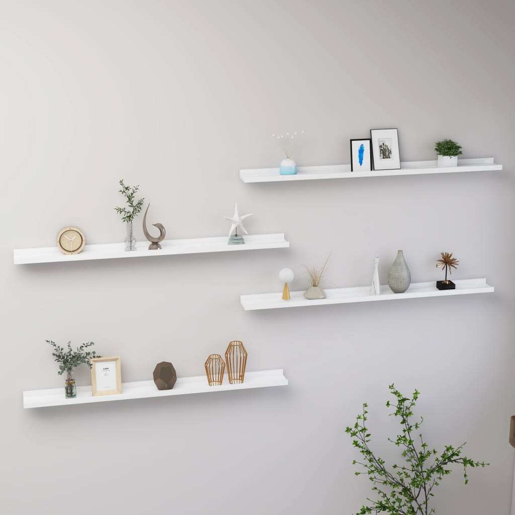 Wall Shelf Set of 4 White MDF Long Wall Shelf Rectangular