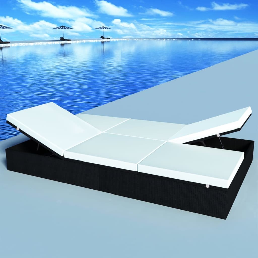 Sun Lounger Black PE Rattan Double Removable Covers Sun Lounger