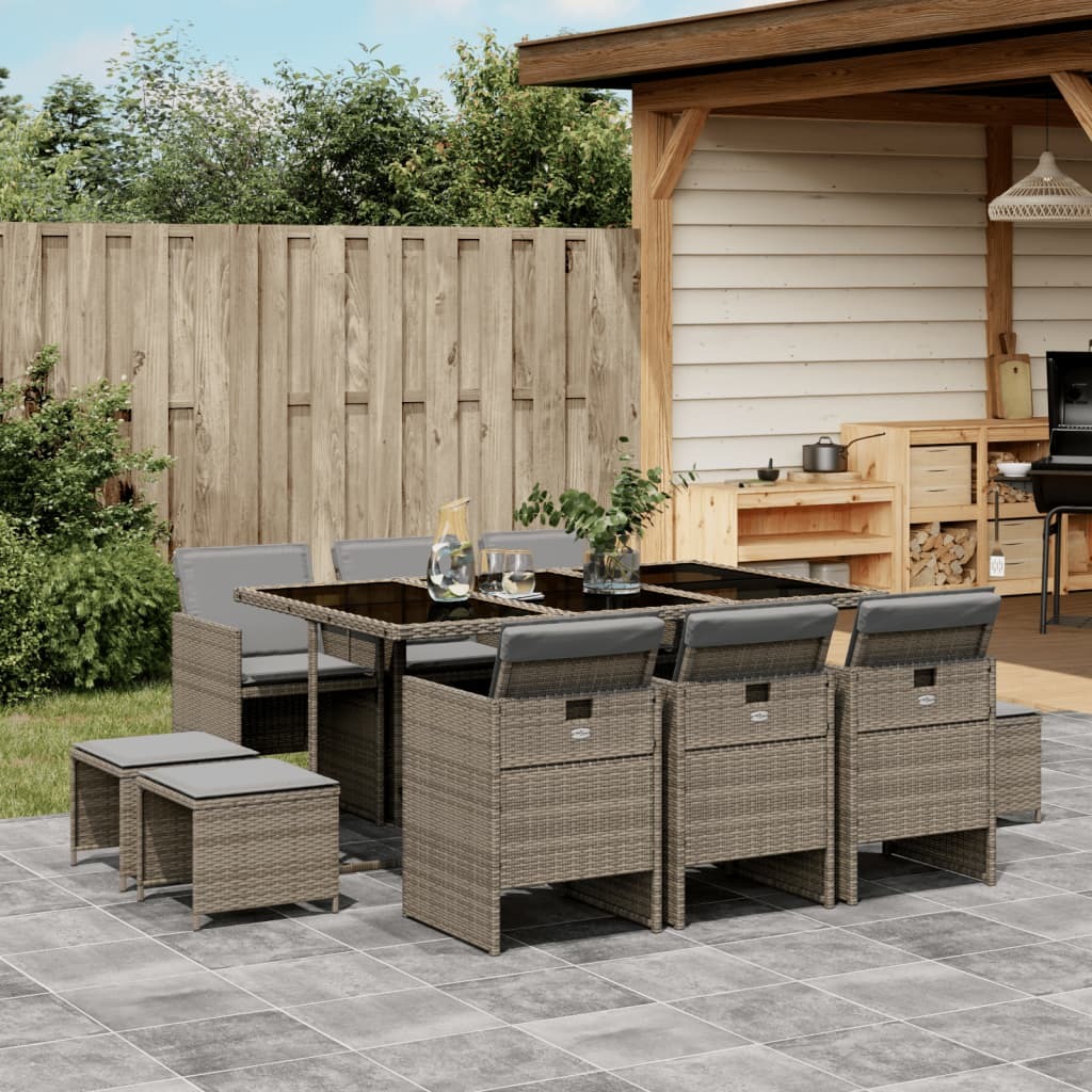 Garden Dining Set Grey PE rattan, powder-coated steel, tempered glass