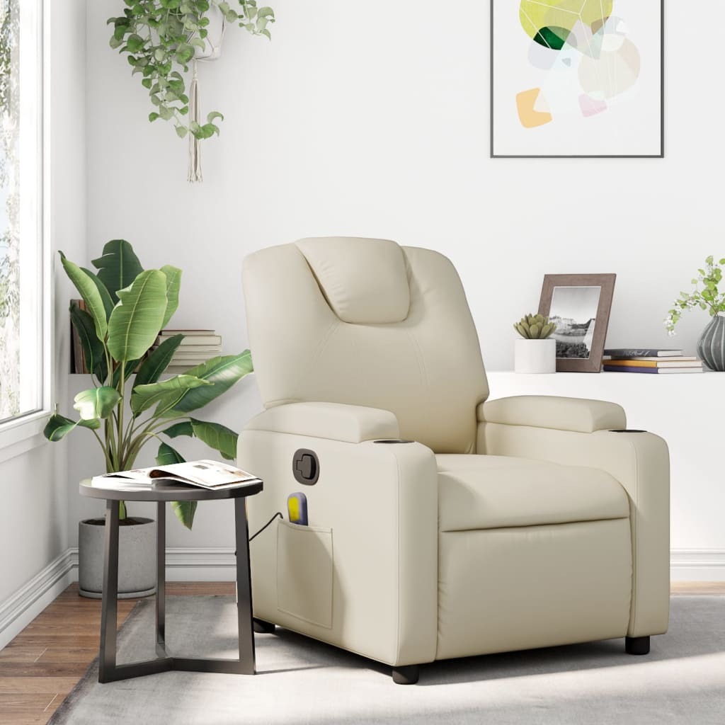Massage Recliner Chair Cream Faux leather, metal, wood, foam Single