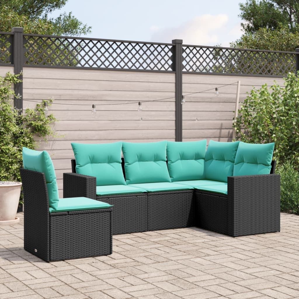 Garden Sofa Set Black PE Rattan 5 Piece Set Adjustable Feet