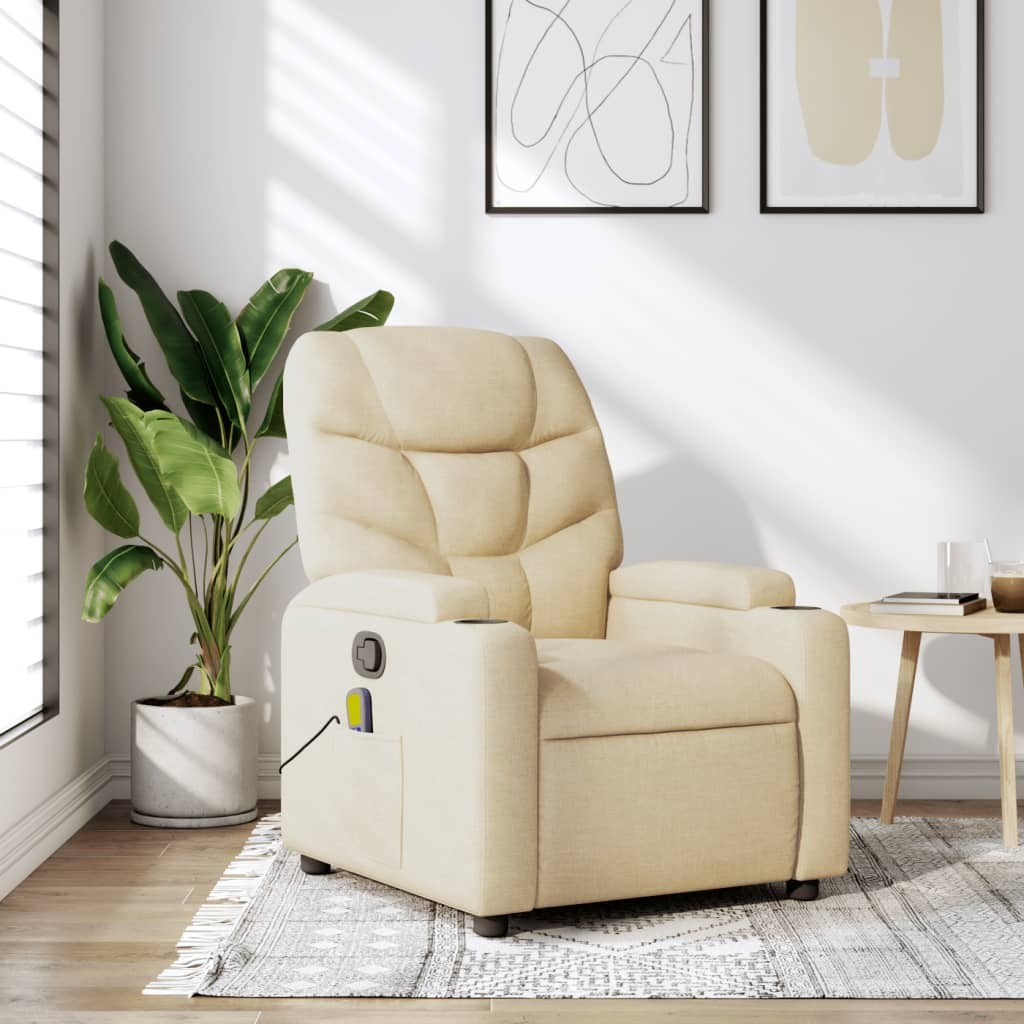 Massage Recliner Chair Cream Fabric (100% polyester), metal, plywood