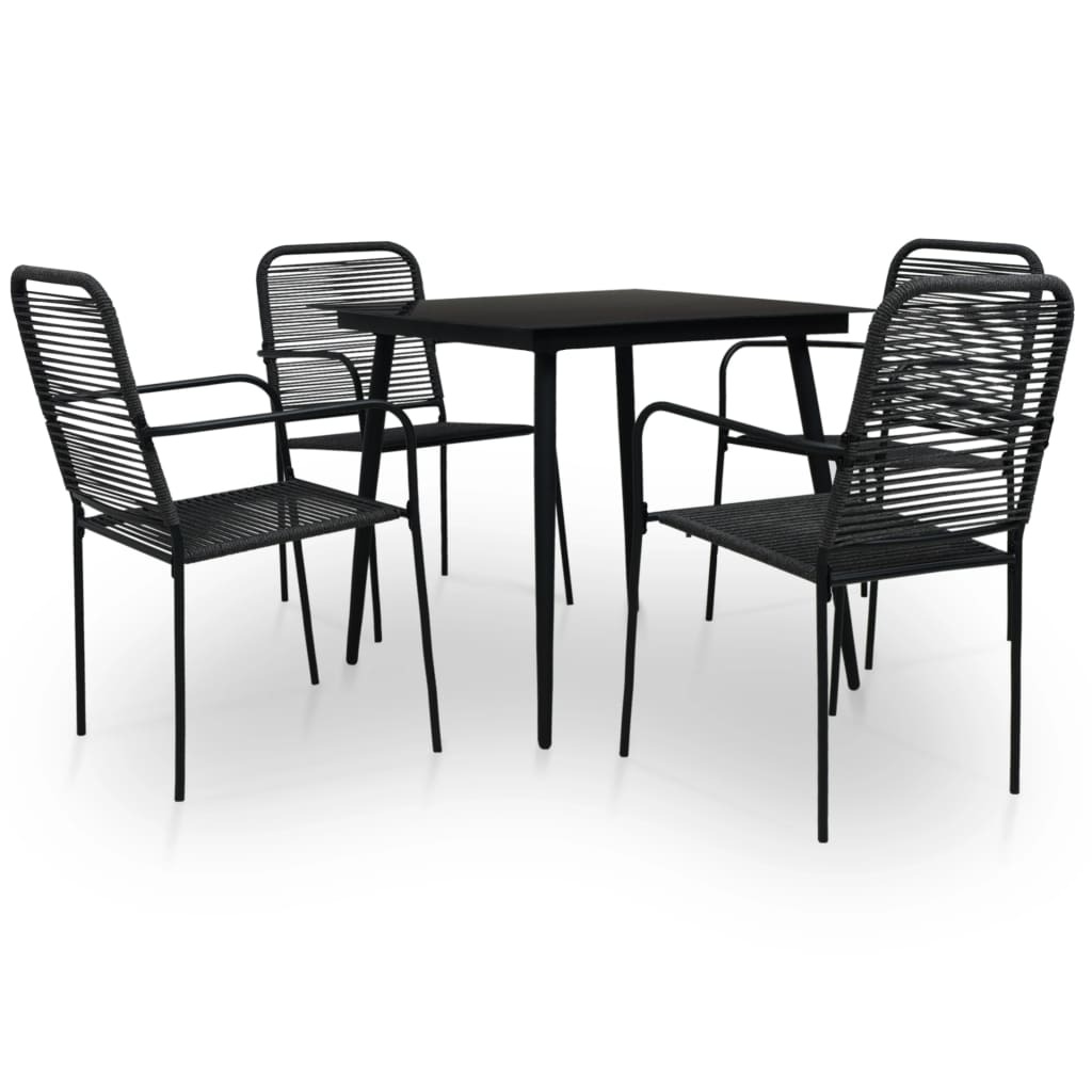 Dining Set Black Cotton Rope, Powder-Coated Steel, Tempered Glass