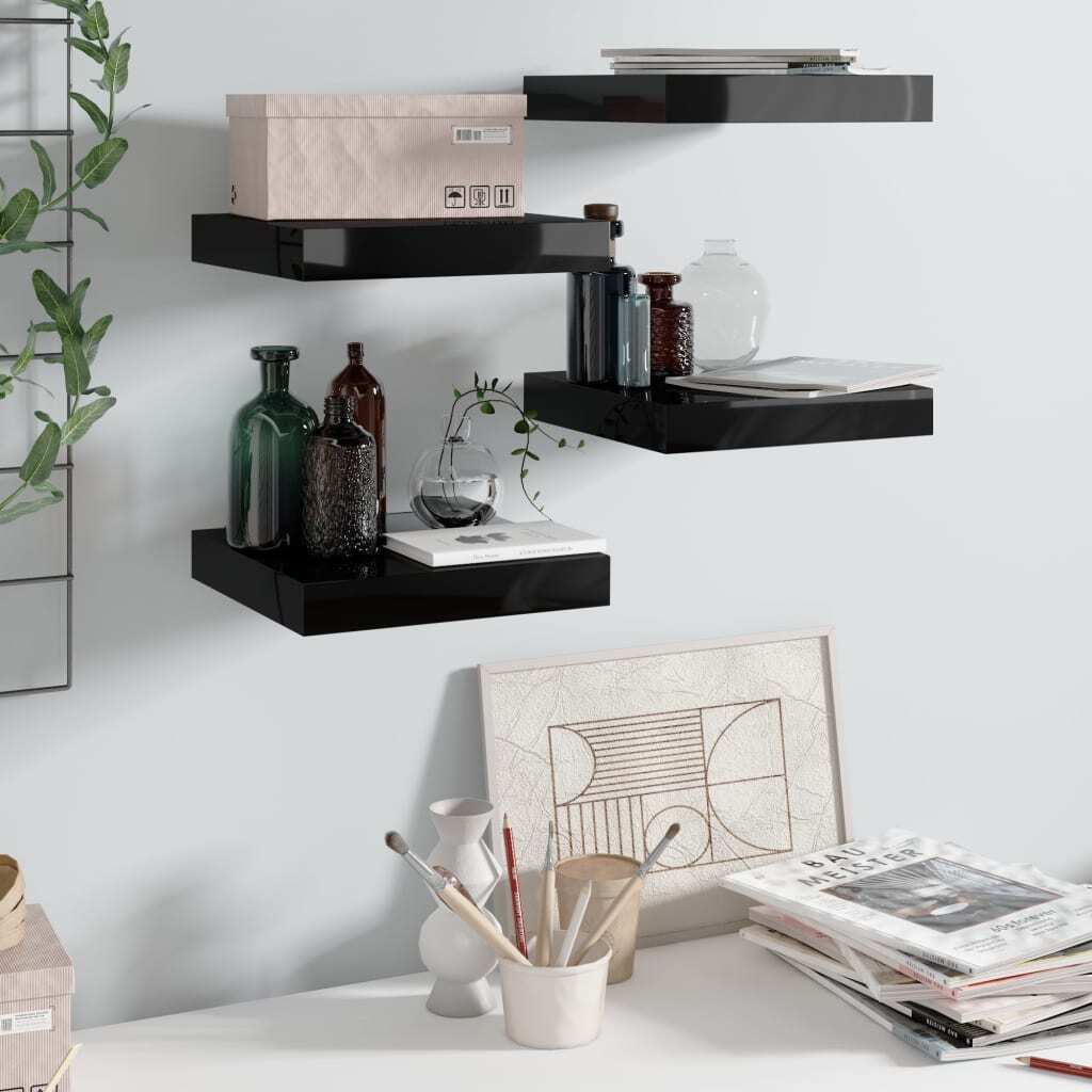 Wall Shelf Set of 4 High gloss black Honeycomb MDF, metal Small