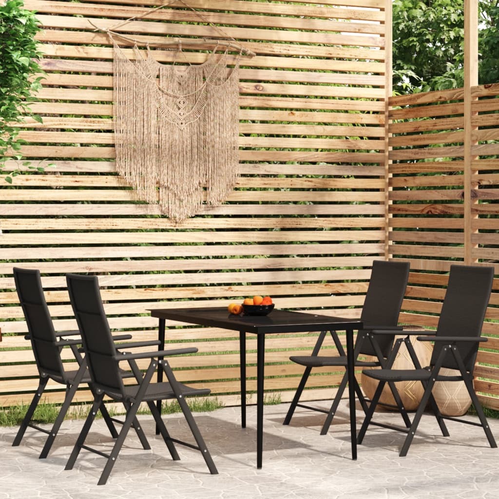Garden Dining Set Black Powder-coated steel, glass, PE rattan