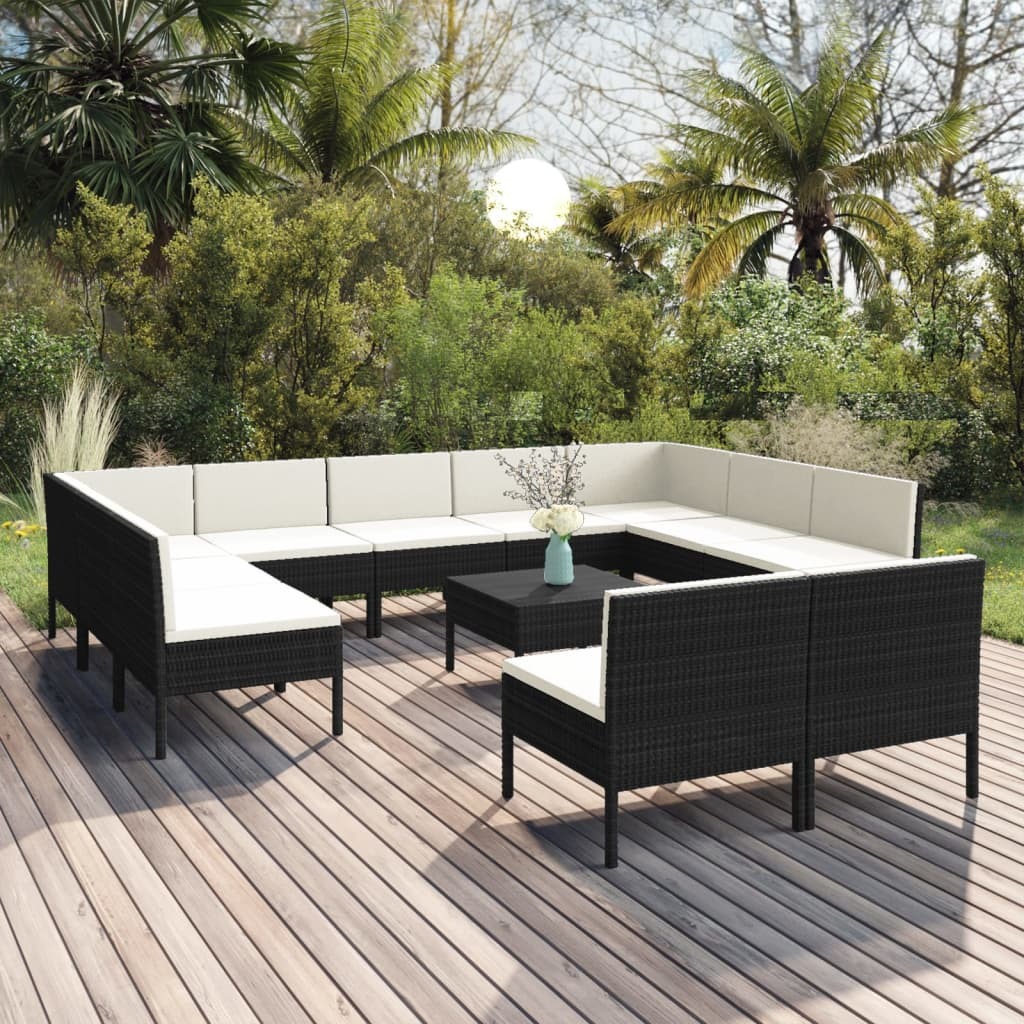 Garden Lounge Set Black PE rattan, powder-coated steel, polyester