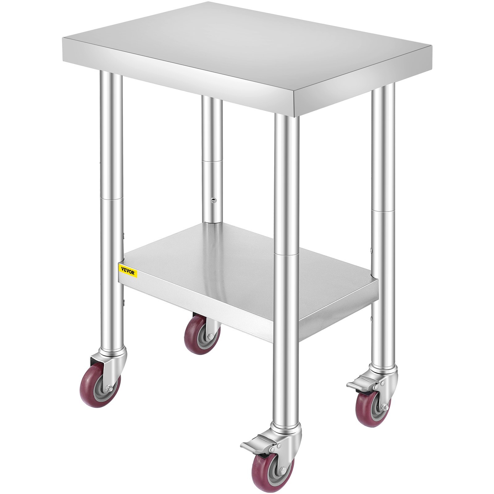 Stainless Steel Work Table 24 x 18 x 34 Inch, 700 LBS Load Capacity with 4 Wheels, 3 Adjustable Height Levels, Heavy Duty Food Prep Worktable for Commercial Kitchen Restaurant, Silver