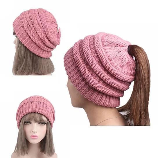 Color: A-BEIGE - Pony Beanie Super Cute Cable Knit Hat