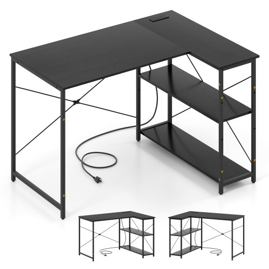 L-shaped 47 Inch Reversible Corner Desk with Adjustable Storage Shelves-Black - Color: Black