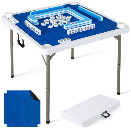 35 Inch 4 Player Game Card Folding Mahjong Table with Cup Holders-Navy - Color: Navy