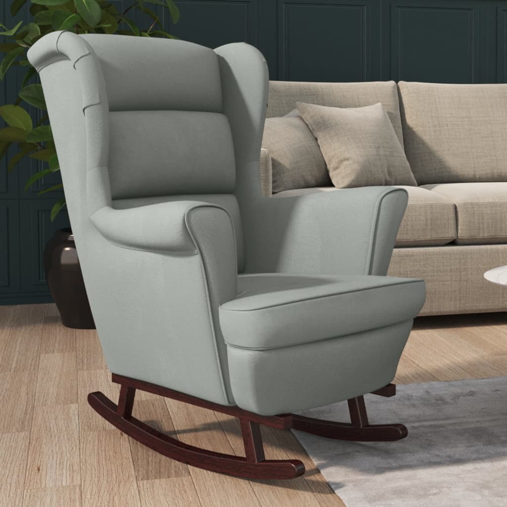 Rocking Chair Light Gray Velvet, Solid Rubber Wood, Foam Standard