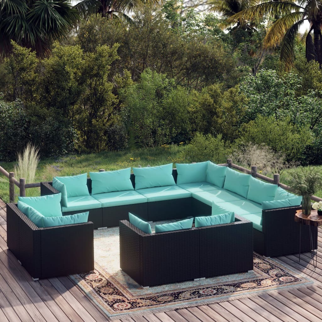 Garden Lounge Set Black PE rattan, powder-coated steel Medium