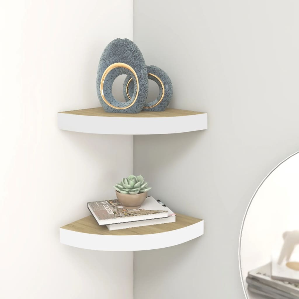 Wall Corner Shelf Set of 2 Oak and white Honeycomb MDF, metal