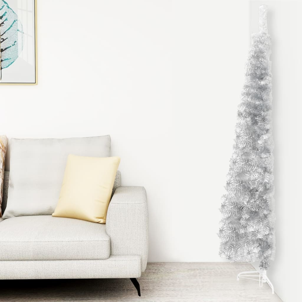 Slim Artificial Half Christmas Tree Silver PVC, Steel Slim