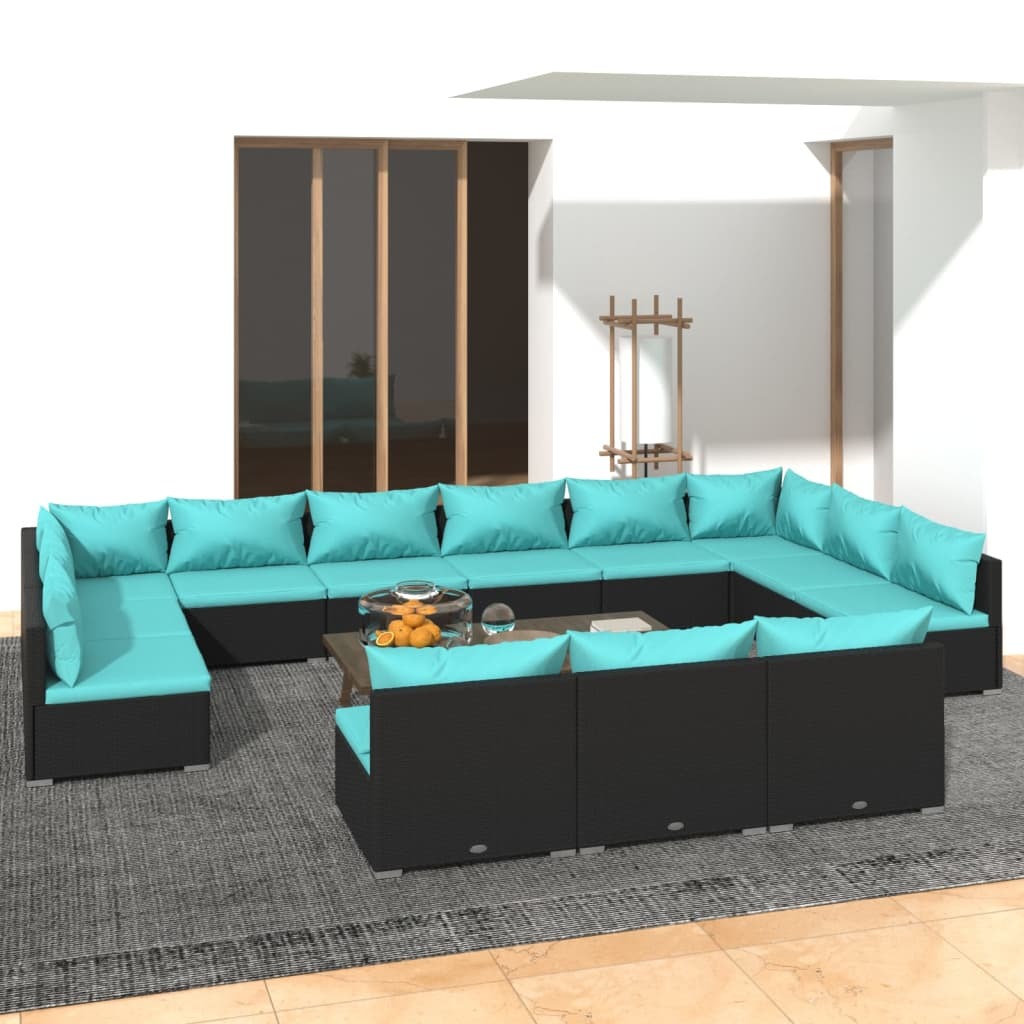 Garden Lounge Set Black PE rattan, powder-coated steel, plastic