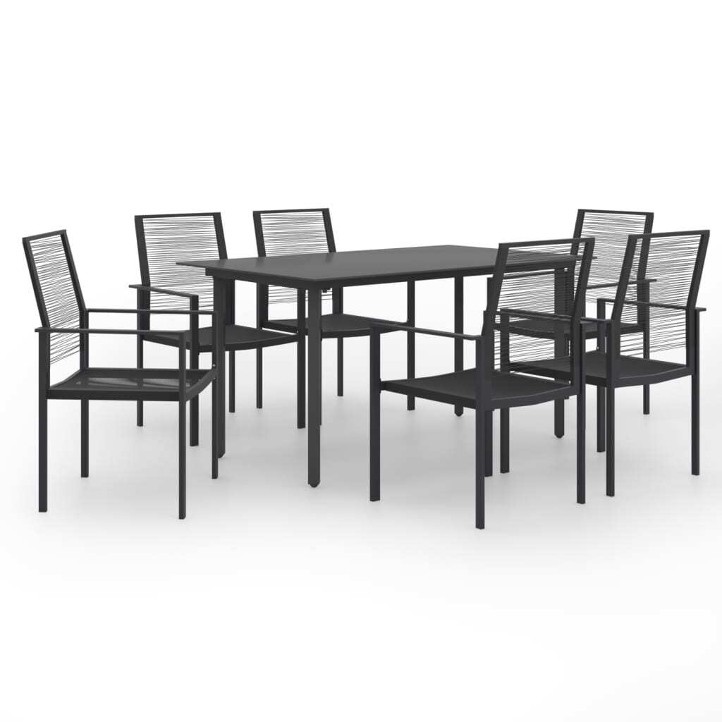 Dining Set Black Glass, Powder-Coated Steel, PVC Rattan 7-piece set
